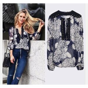 Zara Mulberry Silk Navy/Ecru Long Sleeve Blouse with Studs Women's Size Medium N